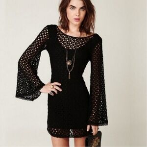 Free People Black Gypsy Bell Sleeve Crochet Dress